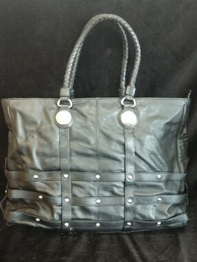 Via Spiga Black Leather Braided-Handle Tote with Stud Accents